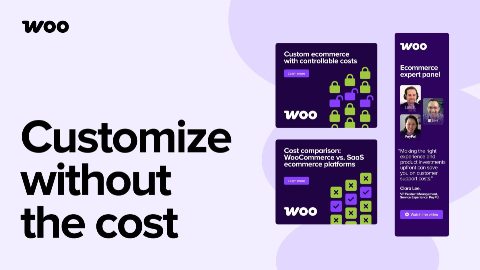 Graphic featuring the phrase 'Customize without the cost' alongside information about controllable costs and a cost comparison between WooCommerce and SaaS ecommerce platforms.