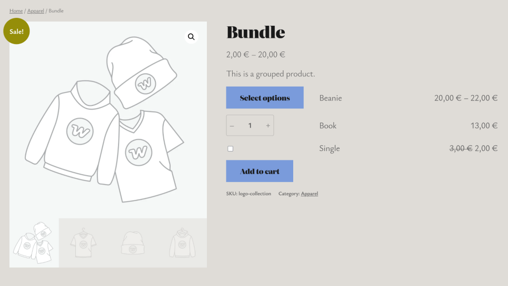 Product page displaying a grouped product bundle with options to select a beanie, book, and single item, showcasing pricing and an 'Add to cart' button.