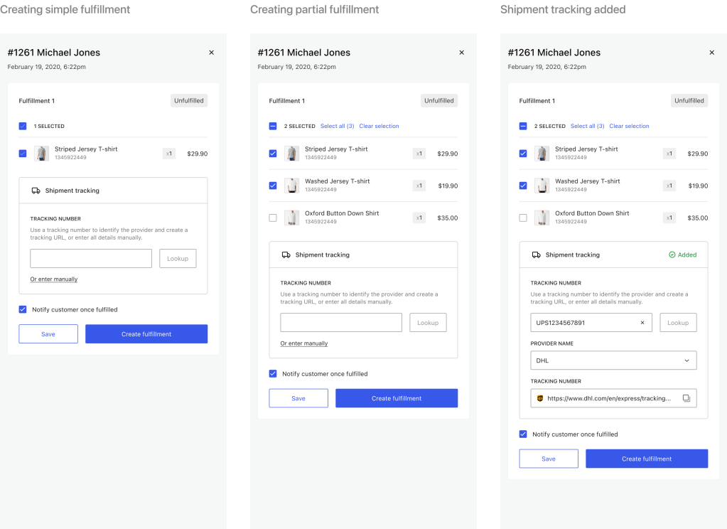 A screenshot showing 3 different fulfillment creation scenarios in WooCommerce.