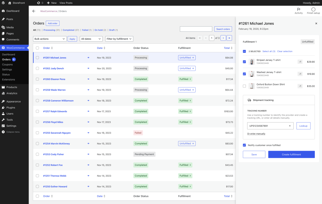 Screenshot of the WooCommerce orders list, with a new "Fulfillment" column added.